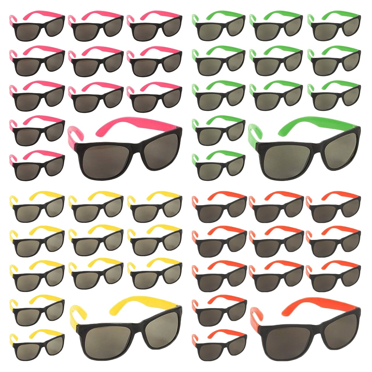 48 Pack Retro Party Sunglasses Bulk for 80s and 90s Birthday Favors (4 Neon Colors)